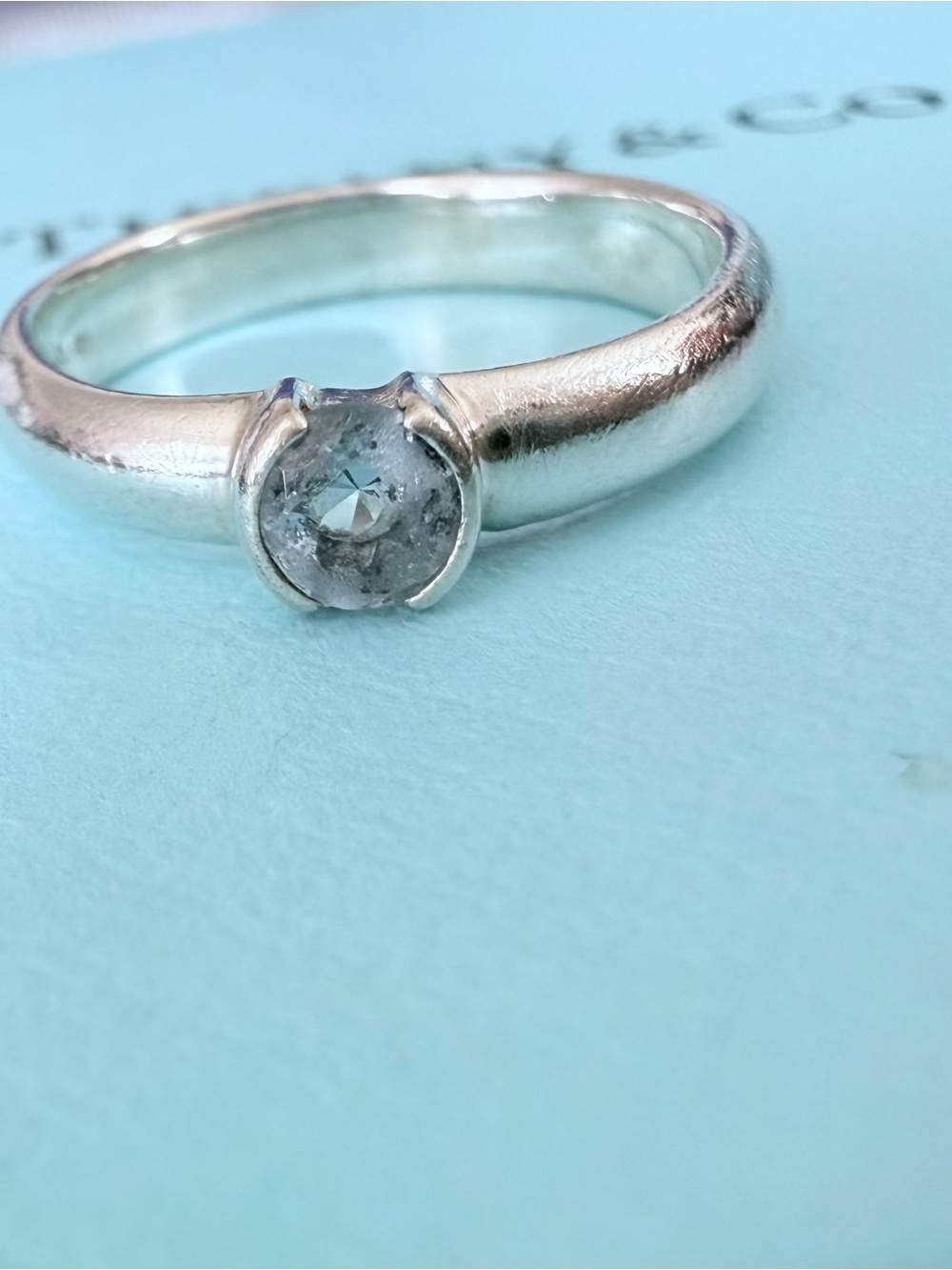 Tiffany and Co Aquamarine Sterling Silver Stacking Solitaire Ring size 4.75-5